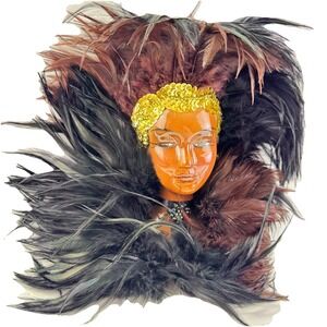 Vintage African American Porcelain Wall Mask Feather Headdress Black Queen